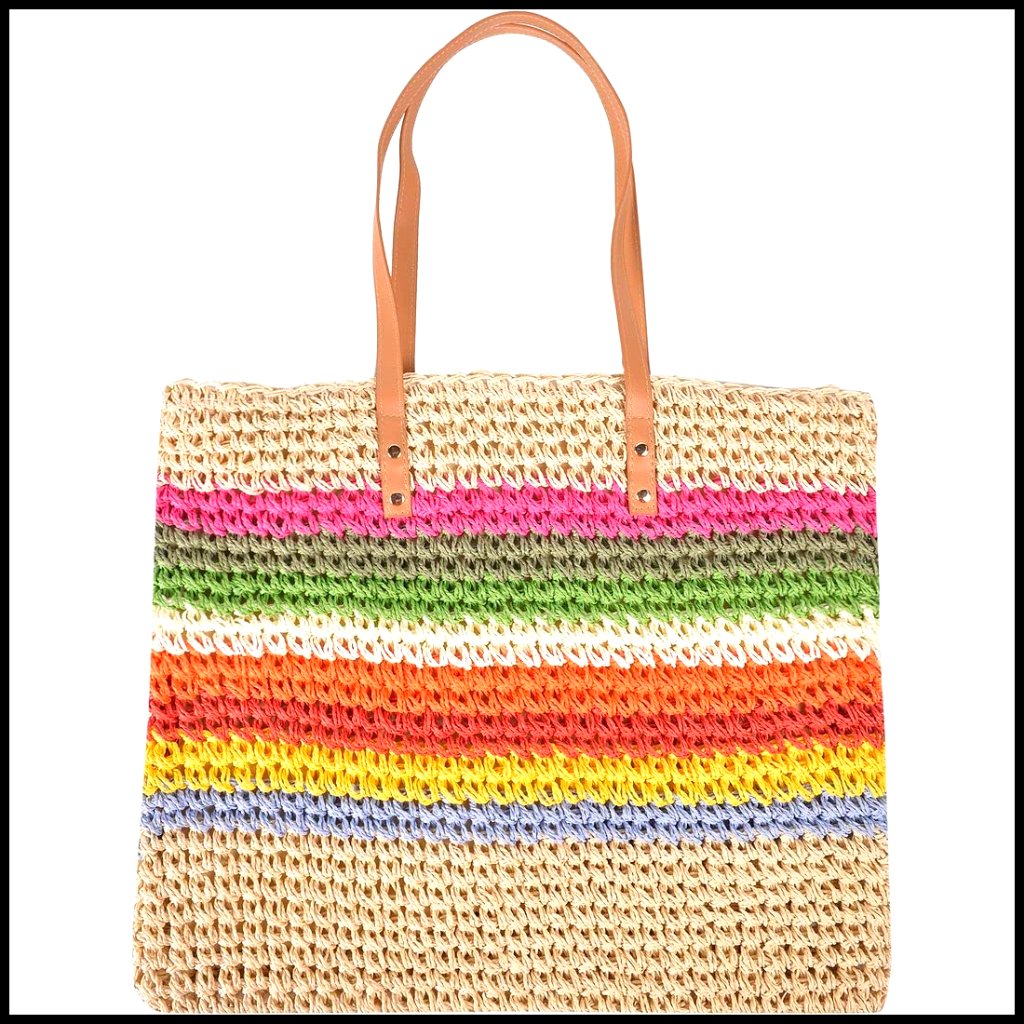 Hand-Woven Rattan Tote Bag With Rainbow Stitching Casual Boho Shoulder Messenger